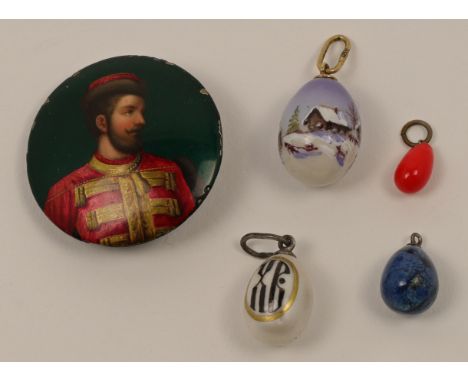 Four Russian enamelled and stone miniature Easter eggs pendants, comprising: one enamel example inscribed XB (Christ is Risen