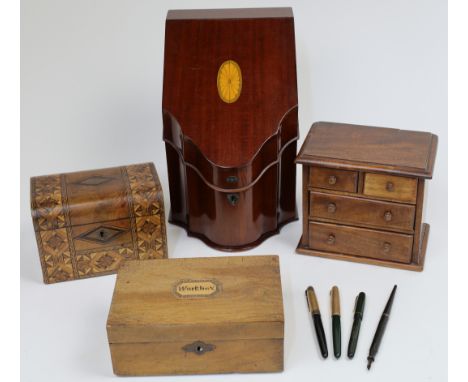 A group of objects of vertu, to include a Victorian walnut and parquetry tea caddy with domed lid, with brass lock and diamon