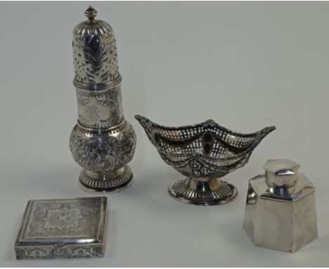 A small group of silver and white metal, comprising: an Edwardian silver sugar caster, London, 1904, Wakely & Wheeler (James 