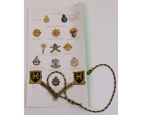 A collection of gilt-metal sixteen Army Service cap badges, rank chevrons and a lanyard, 1950-60s, to include: Coldstream Gua