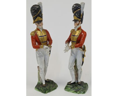 Two Dresden porcelain military figures, early 20th century, each of an 1815 Scots Guardsman, naturalistically painted and mod