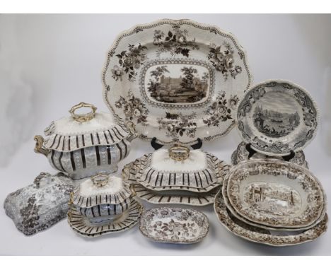 A quantity of ceramic grey transfer printed wares, 19th-20th centuries, to include a group of &nbsp;‘Corinthian Flute’ patter