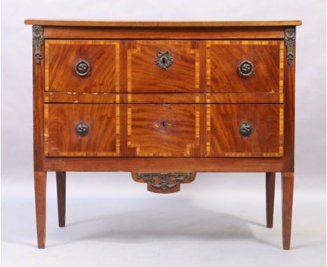 A French mahogany commode, last quarter 19th century, satinwood cross banded, gilt metal mounted, two drawers raised on squar