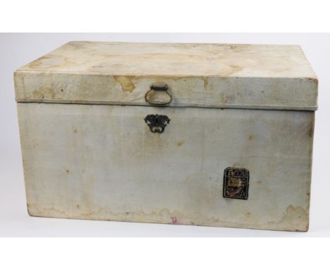 An Anglo-Chinese leather trunk, late 19th century, with brass carrying handles and escutcheon, the interior lined in floral f