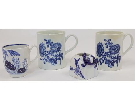 Two Caughley blue and white mugs, 18th century, each with decoration of flowers and butterflies, 7cm diameter, together with 