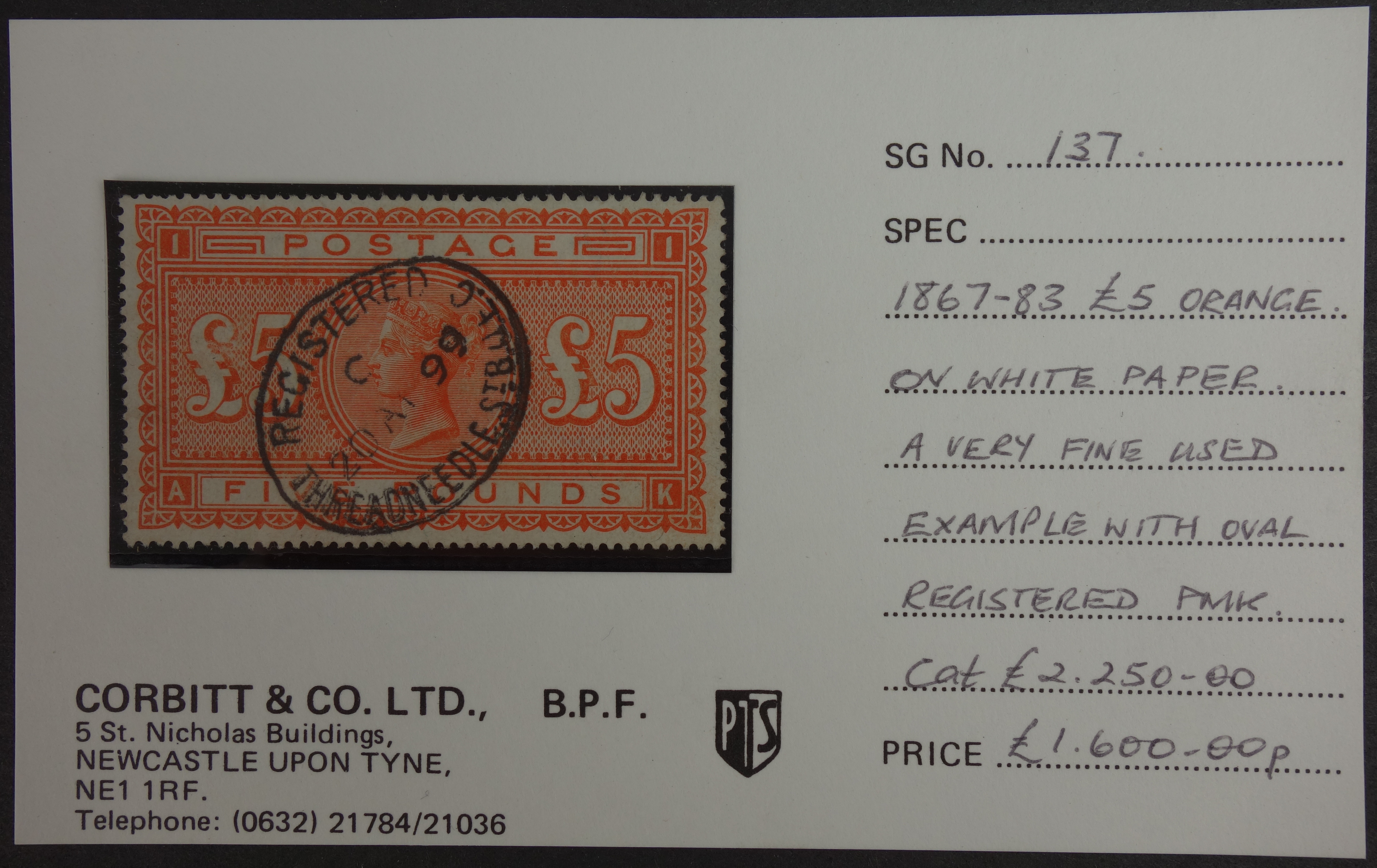 Victorian Stamp 186783 £5 Orange, on white paper, fine used, with