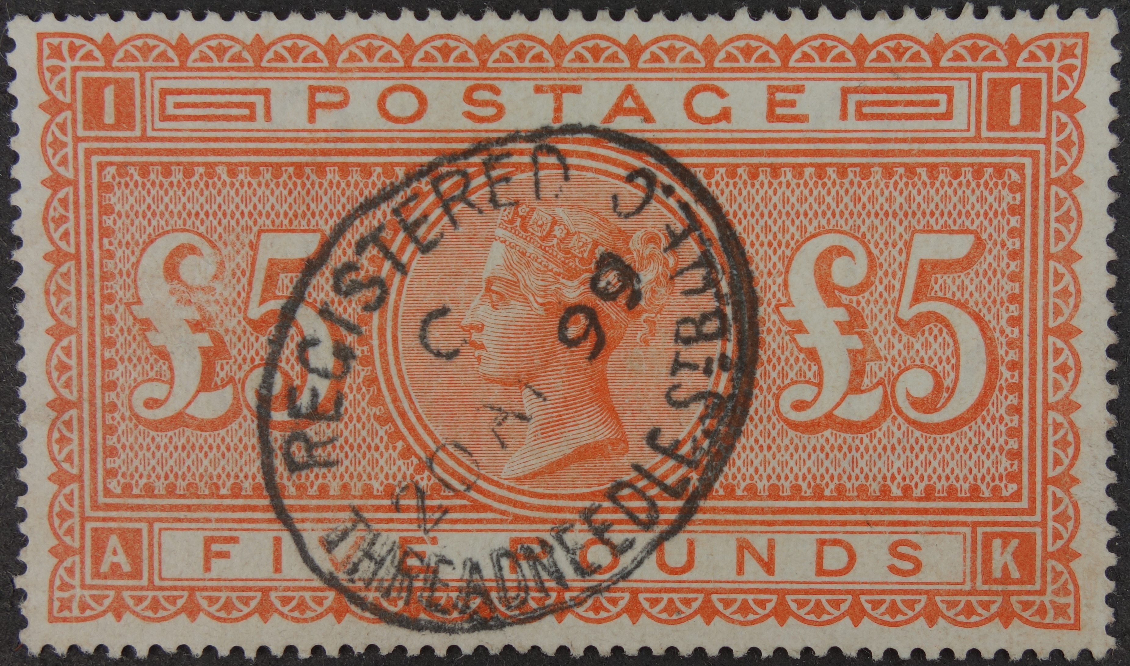 Victorian Stamp 186783 £5 Orange, on white paper, fine used, with