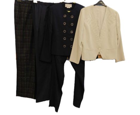 A mixed lot of ladies wear: to include a navy blue double breasted trouser suit by Jaeger, size 14;, a apir of tartan trouser