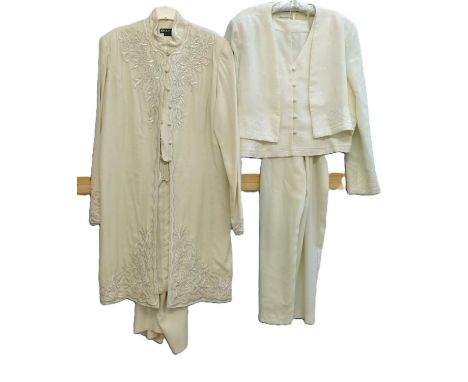 A quantity of ladies wear, to include a cream three piece suit by Windsmoor, comprising trousers, waistcoat and jacket, with 