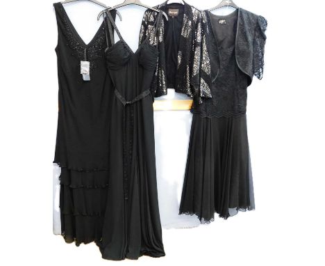 A mixed lot of lady's evening wear: to include a Windsmoor black chiffon and beaded sleeveless tiered evening dress, size 18,
