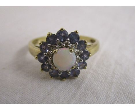 Gold opal, tanzanite &amp; diamond cluster ring