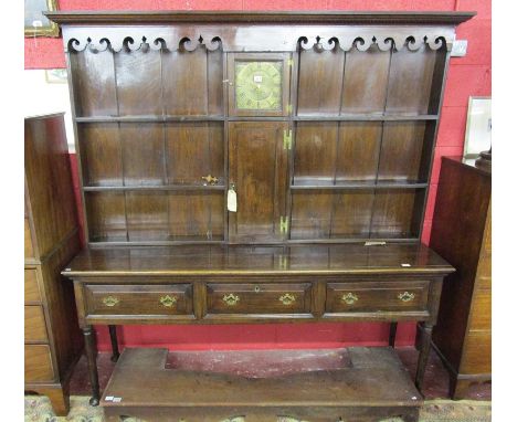 Georgian oak dresser with built in clock marked Thomas May Witney - H: 207cm W:207cm D:50cm