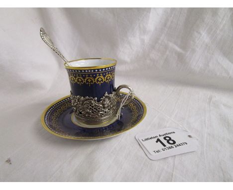 Spode silver mounted tea cup &amp; saucer with silver spoon