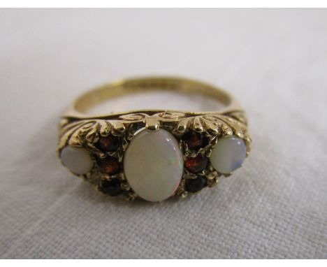 Gold opal &amp; garnet gypsy set ring