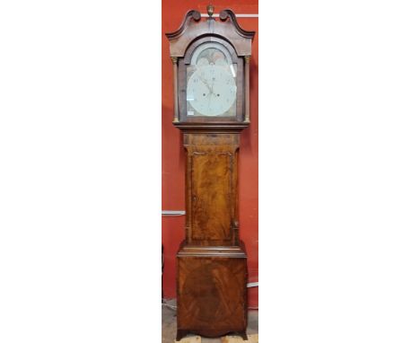 A 19th century flame mahogany 8-day longcase clock, the hand painted moon phase rolling dial signed H.J. Hallam, Nottingham
