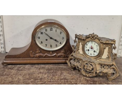 An early 20th Century large oak mantel clock and a French gilt mantel clock, a/f