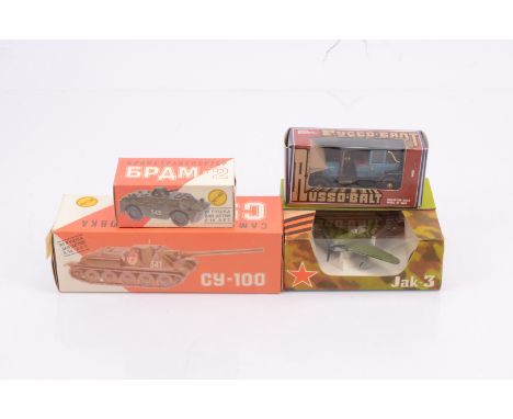 USSR/Russian 1:43 Scale Diecast Vehicles, four boxed examples, Russobalt old timer and three military examples CY-100 tank, B