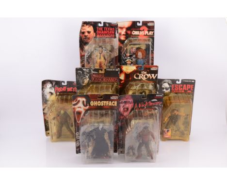 Movie Maniacs Action Figures, a bubble packed group some resealed, by Mcfarlane Toys, includes Friday 13th, Nightmare on Elm 