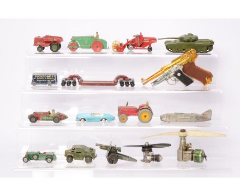 Various Playworn Diecast vehicle Toy Guns and Aero Engines,  including, Dinky Centurion Tank, Field Artillery Tractor, Massey