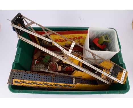 Collection of Meccano and Gilbert Erector Construction items,  blue and yellow Meccano items including plates girders, wheels