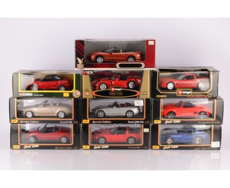 1:18 Scale Modern Diecast Sports Cars,  a boxed group comprises, Maisto 31809 Corvette, 31832 Dodge Viper, 31831 Alfa Romeo S