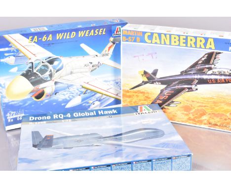 Italeri Fighter Jets and Drones, a boxed collection, 1:72 scale, 1379 SU-34, 144 Canberra, 145 Black Bird, 052 SU-22, 821 MIG