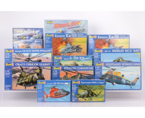 Revell Military Helicopter Kits, a boxed group, 1:72 scale, 04467 Eurocopter Dauphin 2, 04413 Kamov, 04415 Commanche, 04456 A