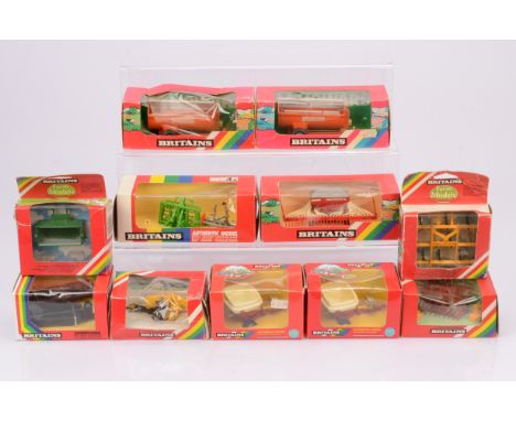 Britain's 1:32 Scale Farm Machinery/Implements a boxed group, 9411 Logic vari-spreader (2), 9412 log sled, 9543 Push-Off Buck