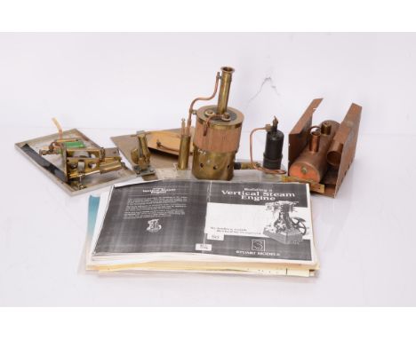 Marine Steam Engine and Accessories, vertical boiler with wood cladding, safety valve, gas burner and tank and lubricator and