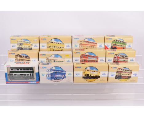 Corgi Classics Double Deck Buses, a boxed collection, Leyland Atlantean 97232 Wallasey, 97231 Kingston Upon Hull, 97233 Devon