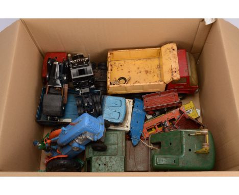 Playworn Steel and Diecast Vehicles, all unboxed, mainly damaged, Marx Lumar mobile crane (2) Triang truck, Tonka tipper truc