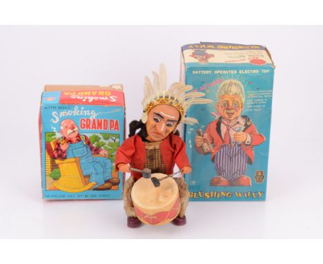 Japanese Willy Grand-Pa and American Indian Tin and plastic Battery Operated Toys,  Yonezawa Amico Imports Blushing Willy Bar