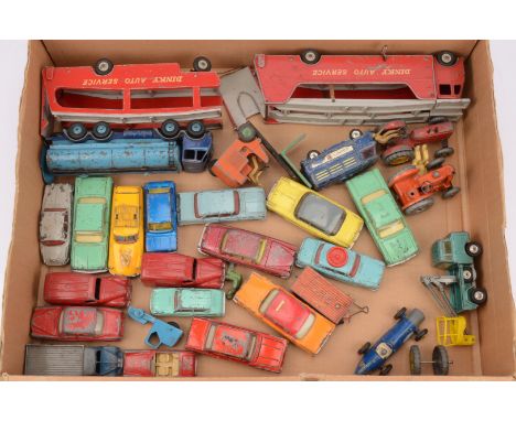 Playworn Post-war Diecast Vehicles, vintage private and commercial vehicles, includes Dinky Auto Service car transporter with