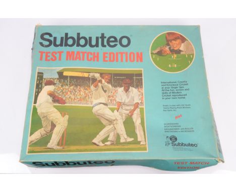 Subbuteo Test Match Cricket Edition and Subbuteo Rugby Spares, Test Match Edition, comprising, Team, wickets, bats, Pitch, Sp