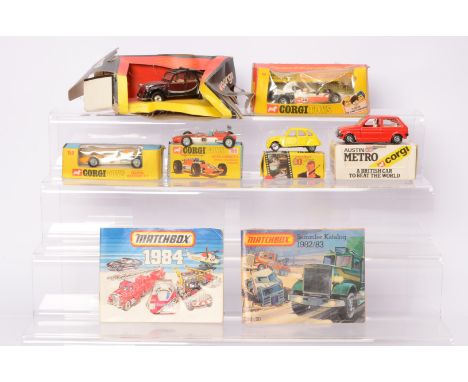 Corgi Diecast Vehicles 1960'-80's and Matchbox 1980's Catalogues, 158 Lotus Climax and 159 Cooper Maserati F/1, both with ste