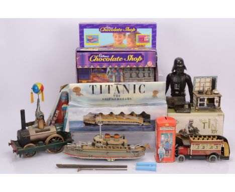 Various modern Tinplate Toys Star Wars Figure Cadbury Shops and Diecast Train, Rattandeep India Steam/Candle put-put tinplate