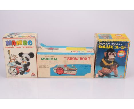 Tinplate and Plastic Battery Operated Musical Panda Monkey and Boat,  CK Kuramochi Monkey playing Cymbals (some fur loss to t