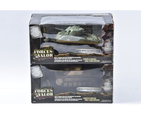Forces of Valor, two boxed examples 1:32 scale 81006 German Sturmgeshutz tank Italy 1944 and 81007 US M4A3 Sherman Tank Norma