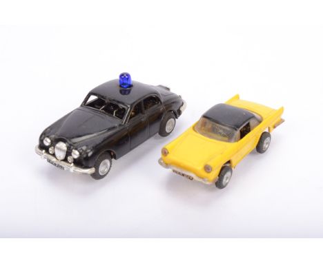 Tri-ang Minic Motorways Slot Cars, unboxed yellow and black Renault Floride and black Jaguar Police Car with lamp, G-VG, both