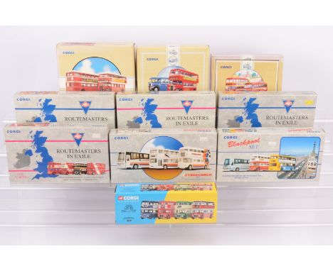 Corgi Classics Diecast Bus Sets, a boxed group, Routemasters in Exile 97066 Scotland, 97068 The North,  97067 The Midlands, 9
