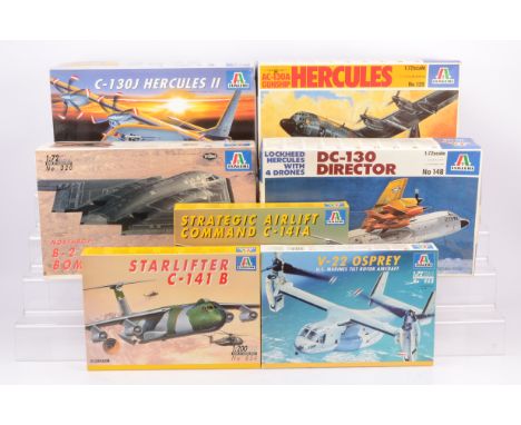 Italeri Military Cargo Planes and Bombers, a boxed group, 1:72 scale examples, 068 V-22 Osprey, 139 Hercules Gunship, 020 B2 