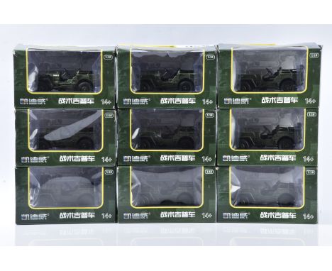 Modern Metal 1:18 Scale US Jeeps, a boxed group of  vintage US Army Jeeps, of Chinese manufacture, G-E, Boxes F-G, (9)