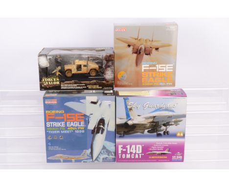 Modern Diecast Jet Fighter Aircraft and Forces of Valor Humvee, four boxed examples, 1:72 scale aircraft, Dragon Warbird Seri