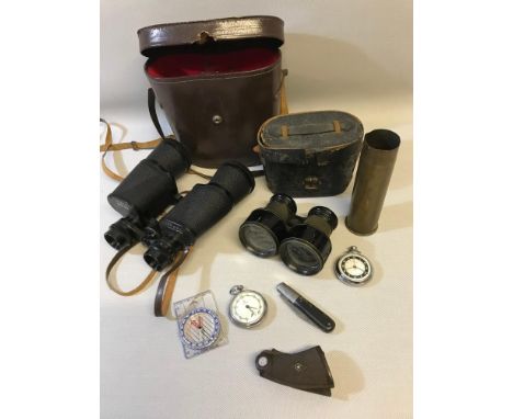 A Lot of binoculars, brass shell, compass & 2 pocket watches 