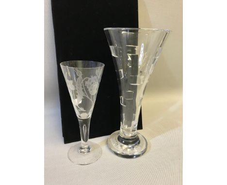 Prince Charles Edward Stuart Etched crystal flute glass together with Waterford crystal vase, Waterford stands 25.5cm in heig