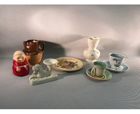 A mixed lot of collectables to include, Clarice Cliff 'Ophelia' pattern plate (C1938)  two Belleek vases, a Doulton Lambeth j