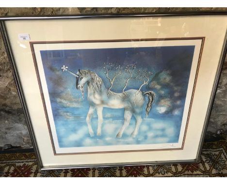 Original coloured lithograph titled "La Licorne" by Salvador Dali signed and numbered 132/300. Signed by Artist in pencil. Co