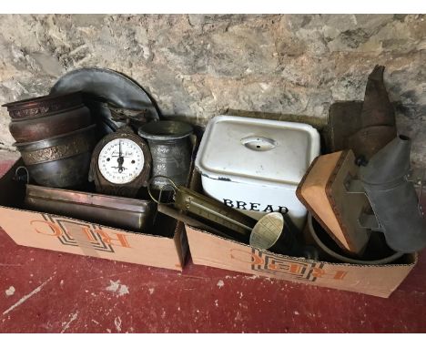 2 Boxes of collectables which includes Enamel bread bin, Vintage bee smokers, Brass, copper & pewter wares 