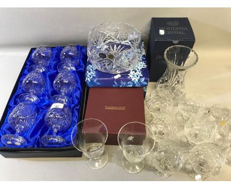 A Lot of Bohemian glass brandy glasses boxed, Bohemian crystal bowl, vase, and various crystal brandy glasses 