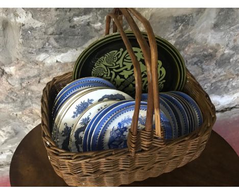 Vintage basket filled with Royal Worcester plates & saucers together with Hammersley & co dragon design plates & saucers 